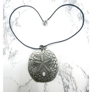 Artisan‎ Signed HM Sand Dollar Pendant Necklace Silver Tone Black Cord 20"